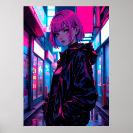 Cyberpunk-Neon-Anime-Alley-Mädchen Poster