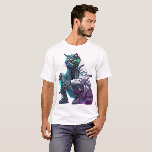 Cyberpunk Neon Cat in Urban Streetwear T-Shirt (Vorne ganz)