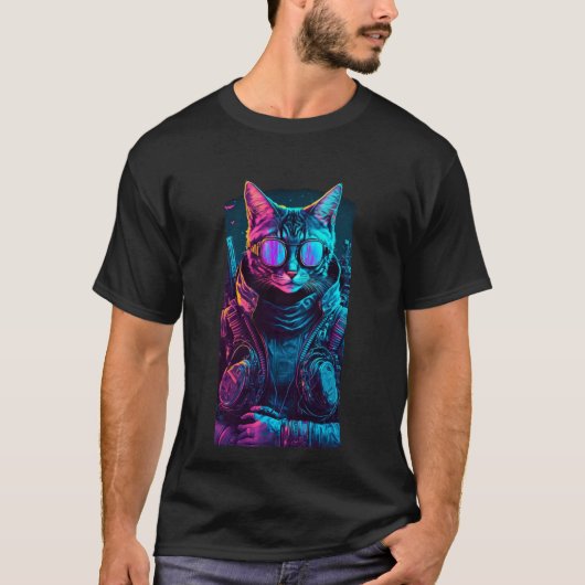 Cyberpunk-Neon-Dämmerung Katzenbrille Soldat schwa T-Shirt (Vorderseite)