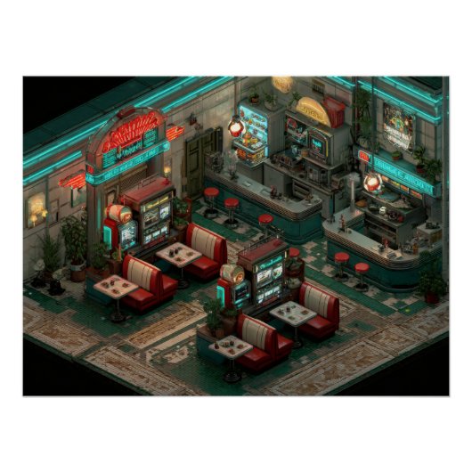 Cyberpunk Neon Diner Isometric Art Poster (Vorderseite)
