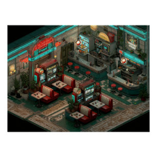 Cyberpunk-Neon-Diner-Isometrische Kunst Poster