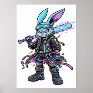 Cyberpunk-Neon-Hasen-Krieger – Futuristischer Hase Poster