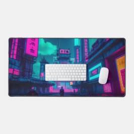Cyberpunk-Neon-Stadt-Gamer-Schreibtisch-Setup Schreibtischunterlage