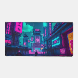 Cyberpunk-Neon-Stadt-Gamer-Schreibtisch-Setup Schreibtischunterlage