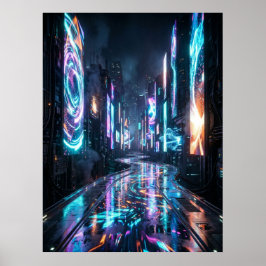 Cyberpunk Neon Stadt Zukunftsstraße Poster