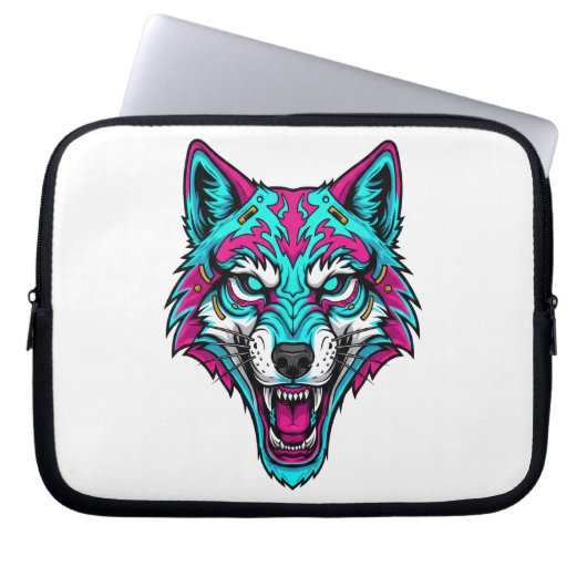 Cyberpunk-Neon-Wolf - Synthwave-Roboter-Tier Laptopschutzhülle (Vorderseite)