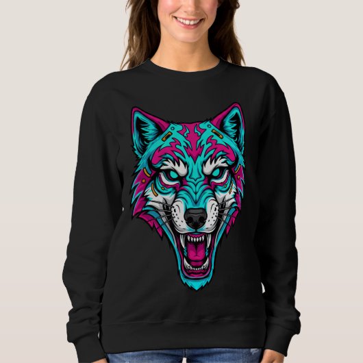 Cyberpunk-Neon-Wolf - Synthwave-Roboter-Tier Sweatshirt (Vorderseite)