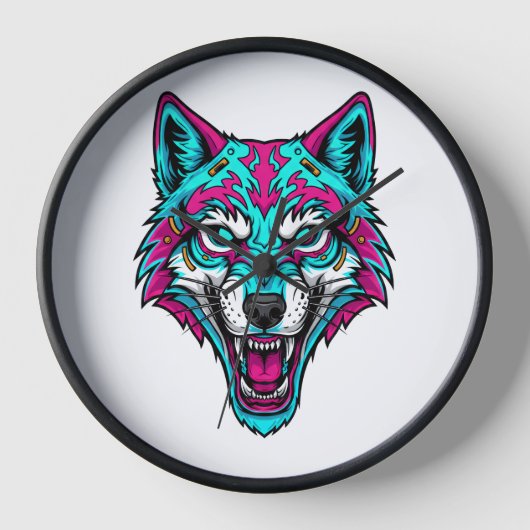 Cyberpunk-Neon-Wolf - Synthwave-Roboter-Tier Uhr (Vorderseite)