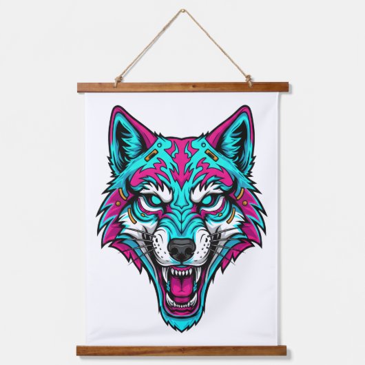 Cyberpunk-Neon-Wolf - Synthwave-Roboter-Tier Wandteppich Mit Holzrahmen (Vorderseite)