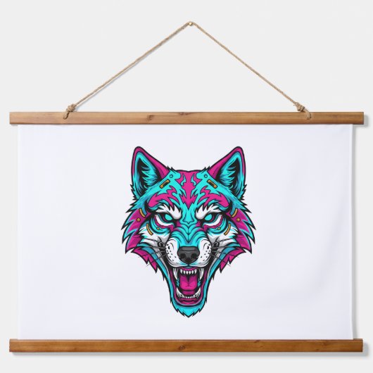 Cyberpunk-Neon-Wolf - Synthwave-Roboter-Tier Wandteppich Mit Holzrahmen (Vorne)