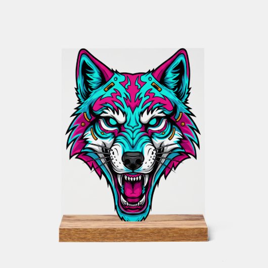 Cyberpunk Neon Wolf - Synthwave Robotic Animal Acrylschild (Vorderseite)
