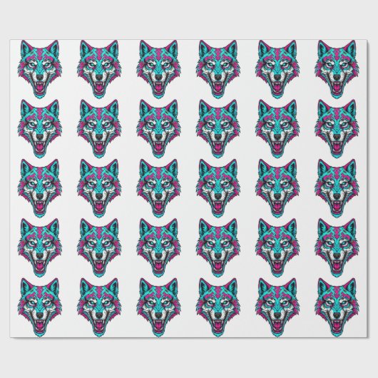Cyberpunk Neon Wolf - Synthwave Robotic Animal Geschenkpapier (Flach)