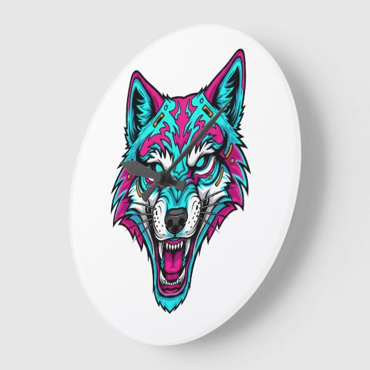 Cyberpunk Neon Wolf - Synthwave Robotic Animal Große Wanduhr (Winkel)