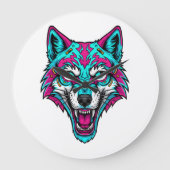 Cyberpunk Neon Wolf - Synthwave Robotic Animal Große Wanduhr (Vorderseite)