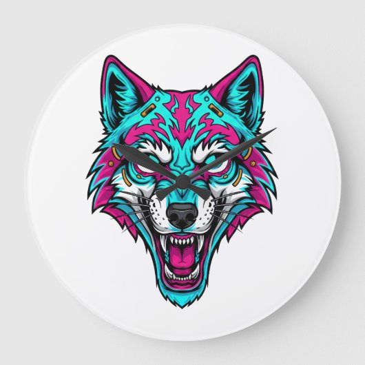Cyberpunk Neon Wolf - Synthwave Robotic Animal Große Wanduhr (Vorderseite)