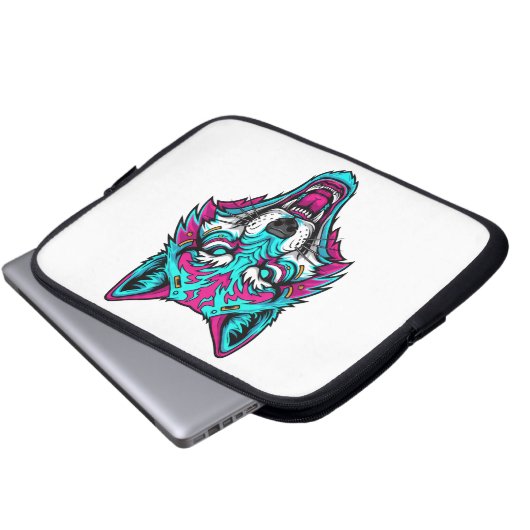 Cyberpunk Neon Wolf - Synthwave Robotic Animal Laptopschutzhülle (Vorne Knopf)