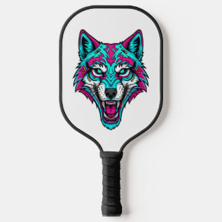 Cyberpunk Neon Wolf - Synthwave Robotic Animal Pickleball Schläger