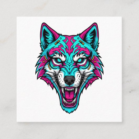 Cyberpunk Neon Wolf - Synthwave Robotic Animal Quadratische Visitenkarte (Vorderseite)