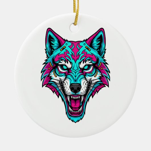 Cyberpunk Neon Wolf - Synthwave Robotisches Tier Keramik Ornament (Vorne)