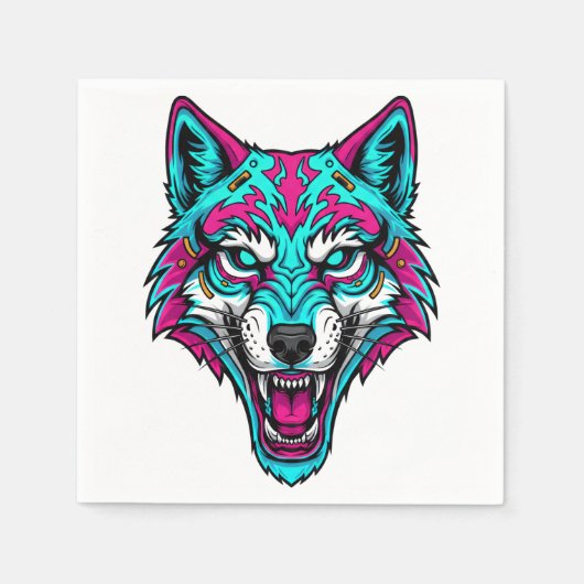 Cyberpunk-Neonwolf - Synthwave-Roboter-Tier Serviette (Vorderseite)