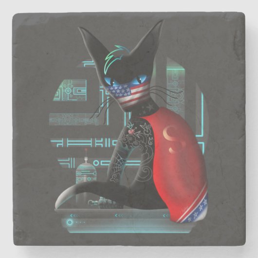 Cyberpunk Ninja Black Cat Steinuntersetzer (Vorderseite)