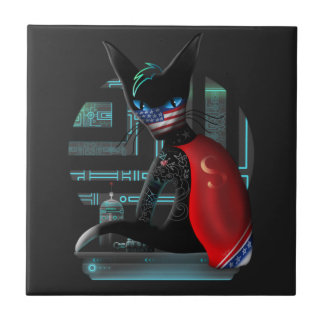 Cyberpunk-Ninja-Schwarze Katze Fliese