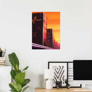 Cyberpunk Orange City Art Poster