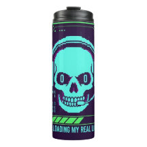 ​Cyberpunk Pixel Skull Travel Mug - Loading My Rea