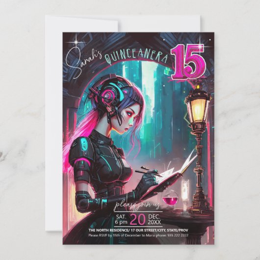 Cyberpunk Quinceanera Hot Pink/Aquamarin ID1027 Einladung (Vorderseite)