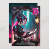 Cyberpunk Quinceanera Hot Pink/Aquamarin ID1027 Einladung (Vorne/Hinten)