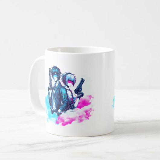Cyberpunk-Rebels - Neon Duo mit Blastern-Tasse Kaffeetasse (Vorderseite Links)
