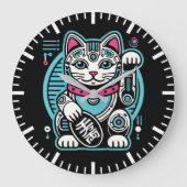 Cyberpunk Robot Maneki Neko Lucky Cat, Geld Große Wanduhr (Vorderseite)