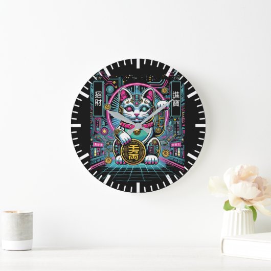 Cyberpunk Robot Maneki Neko Lucky Cat, Geld Große Wanduhr (Zuhause)