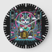 Cyberpunk Robot Maneki Neko Lucky Cat, Geld Große Wanduhr (Vorderseite)