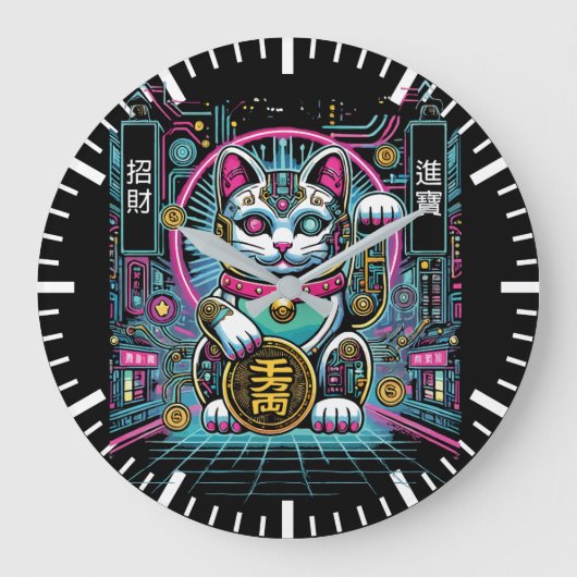 Cyberpunk Robot Maneki Neko Lucky Cat, Geld Große Wanduhr (Vorderseite)