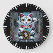 Cyberpunk Robot Maneki Neko Lucky Cat, Geld Große Wanduhr (Vorderseite)