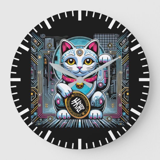 Cyberpunk Robot Maneki Neko Lucky Cat, Geld Große Wanduhr (Vorderseite)