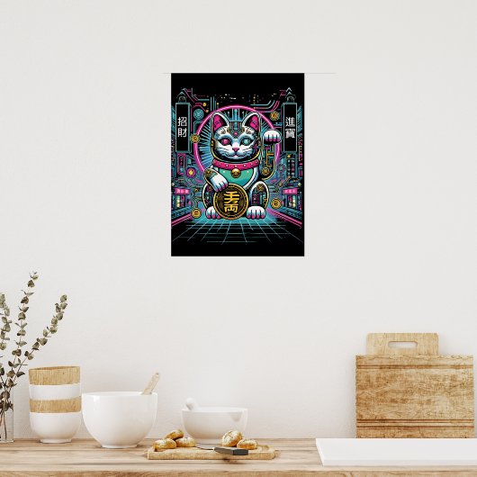 Cyberpunk Robot Maneki Neko Lucky Cat, Geld Poster (Küche)