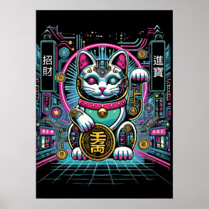 Cyberpunk Robot Maneki Neko Lucky Cat, Geld Poster