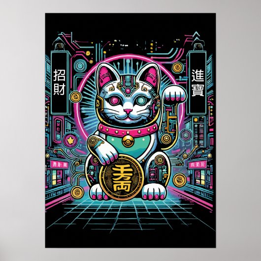 Cyberpunk Robot Maneki Neko Lucky Cat, Geld Poster (Vorne)