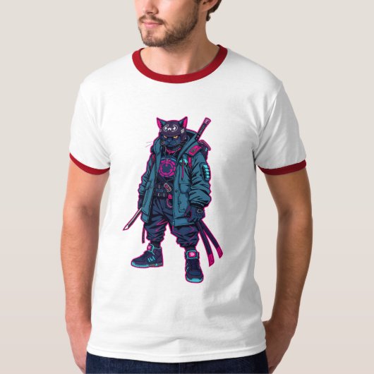 Cyberpunk Samurai Cat Neon Anime Art T-Shirt (Vorderseite)