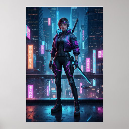 Cyberpunk Samurai Girl | Neon City Warrior Poster (Vorne)