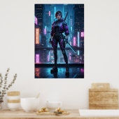 Cyberpunk-Samurai-Mädchen | Neon City Warrior Post Poster (Küche)