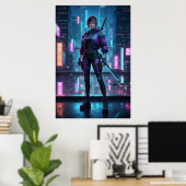 Cyberpunk-Samurai-Mädchen | Neon City Warrior Post Poster (Heimbüro)