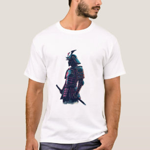 Cyberpunk Samurai Robot mit Blick auf Neon-Lit Fut T-Shirt