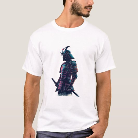 Cyberpunk Samurai Robot mit Blick auf Neon-Lit Fut T-Shirt (Vorderseite)