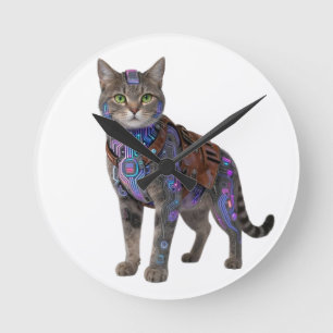 Cyberpunk-Schaltkatze – Neon-Tech-Biest Runde Wanduhr