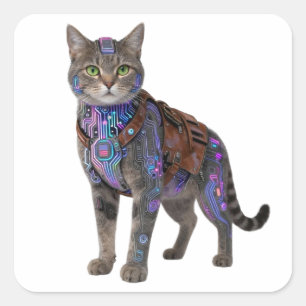 Cyberpunk-Schaltkreis-Katze – Neon-Tech-Biest Quadratischer Aufkleber