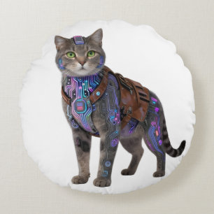 Cyberpunk-Schaltkreis-Katze – Neon-Tech-Biest Rundes Kissen