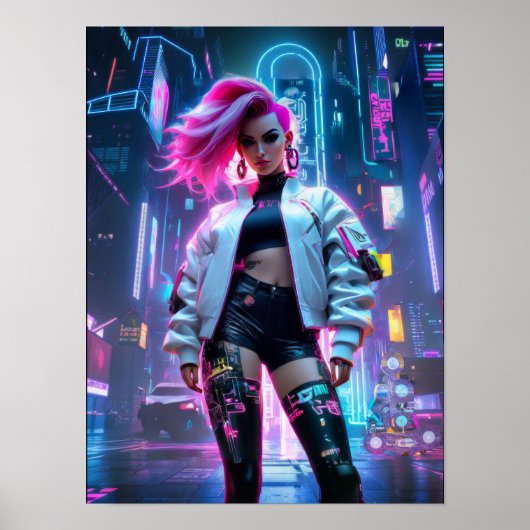 Cyberpunk-schöne Frau in der künftigen Stadt Poster (Vorne)